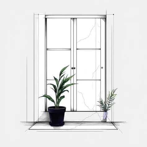 A high-resolution, ultra-minimalist logo design inspired by the essence of a potted plant on a windowsill, expressed in a purely abstract monochrome style. The composition is stripped down to fundamental geometric relationships—intersecting lines, negative...