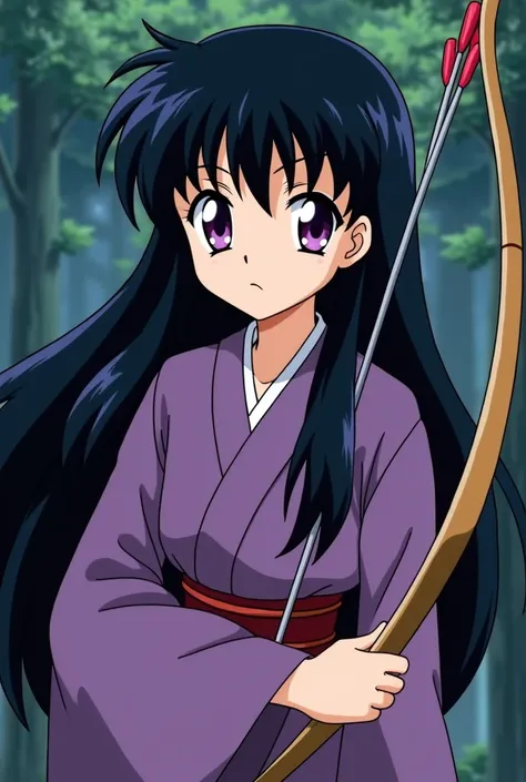 Inuyasha background where there is a 14-year-old girl with black hair who has fringes, her hair is long, her eyes are bright purple, a bright low purple pupil wearing a priestess's dress and a bow with arrows.