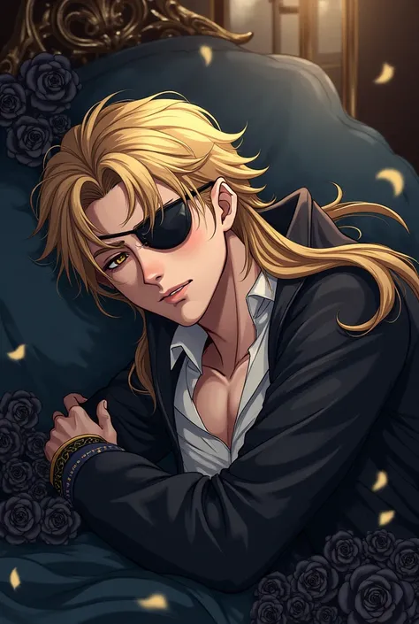  Young man, Pirate Anime, Sweet, strong,  long blond hair, honey brown eyes , with eye patch. Sleeping on the bed in an elegant room with black roses. Pirate clothing.