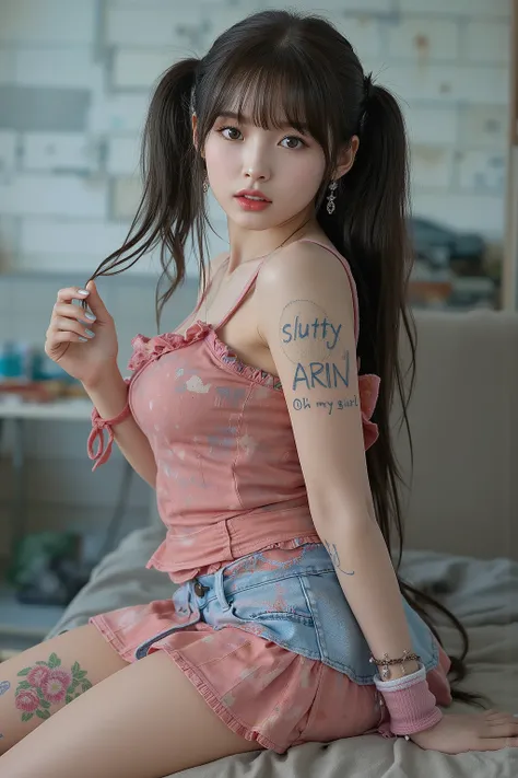 NSFW, 
Realistic, 

full body,
Looking at the camera and looking a little surprised,

Young Korean girl,  
she is having sex,
She is Arin, the youngest member of the idol group "OH MY GIRL",
bangs, twintails, pony tail, twinbun, bun hair, long hair,
She is...