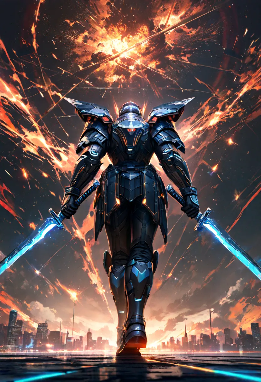 A cybernetic samurai in a retro-futuristic setting, viewed from behind, swinging his glowing energy katana downward with immense force, splitting a massive, flaming meteor in two. Sparks and molten debris scatter as the meteor shatters, illuminating the ne...