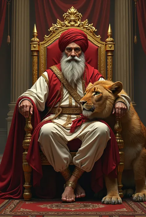 A medieval middle aged Sikh king, sitting on a golden throne, wearing red turban without any ornaments and a pet lion sitting on his left side