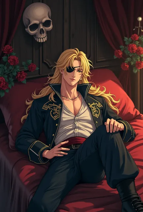  Young man, Pirate Anime, Sweet, strong,  long blond hair, honey brown eyes , with eye patch. Sleeping on the bed in an elegant room with black roses. Pirate clothing. Skull on the wall.