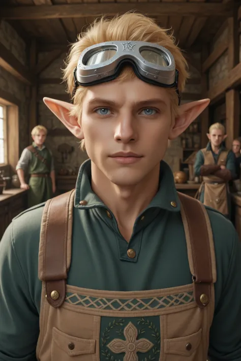 masterpiece, high quality, best quality, very aesthetic, ZipFile Comi Style, 1boy, solo, male focus, solo focus, short hair, blonde hair, silver goggles, elf, pointy ears, elezen, celtic clothes, coveralls, upper body, looking at viewer, indoors,