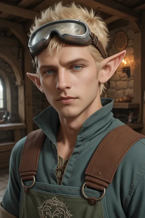 masterpiece, high quality, best quality, very aesthetic, ZipFile Comi Style, 1boy, solo, male focus, solo focus, short hair, blonde hair, silver goggles, elf, pointy ears, elezen, celtic clothes, coveralls, upper body, looking at viewer, indoors,