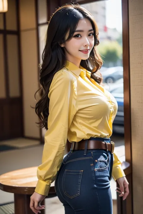 A hot woman, Japanese, h huge breasts, long black wavy hair, brown eyes, wearing collared (((yellow))) blouse, navy jeans, brown belt, jewelry, standing, detailed body, attractive body, perfect human body, slim waist, huge butt, round ass, long legs, smile...