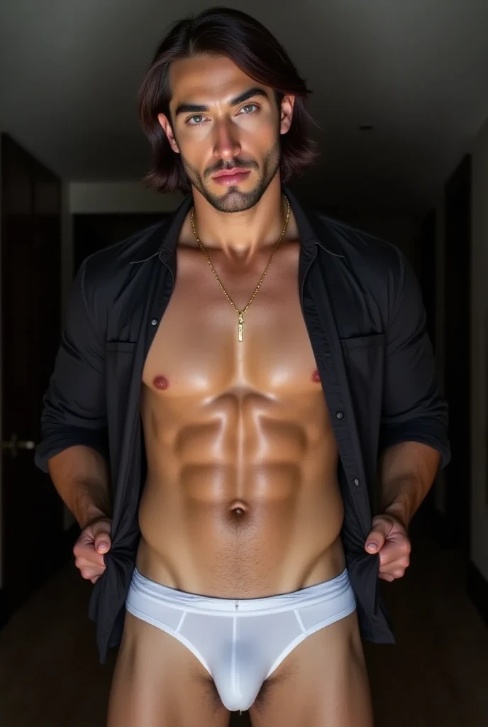 A handsome Latino man , tall and muscular, detailed light blue eyes, coxas grossas e Muscles definidos,  beautiful legs and feet , hairy legs ,  slightly disheveled smooth black hair with highlights falling over his eyebrows,  wearing white cotton underwea...