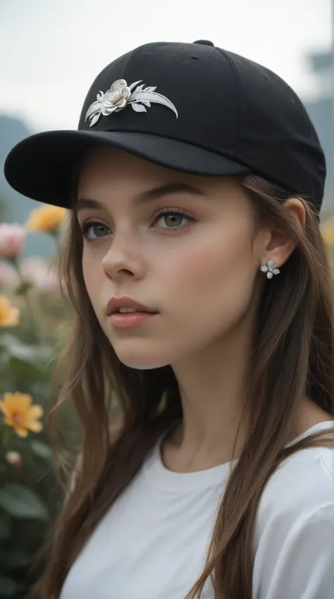 8K RAW photo. Brown semi-long hair pulled back.
A tall, young, beautiful Japanese woman with a debauched expression holds a “stemless” white “flower bud” with only the petals in her mouth.
Black cap. Small silver dolphin earrings. Silver ring.