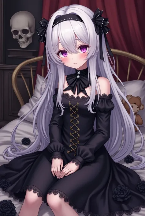 Little Vampire Girl anime, Sweet, fragile,  sad,  very long white hair,  purple-eyed ,  With black dress . Sleeping on the bed in an elegant room with black roses and a teddy bear. Pirate clothing. Skull on the wall.