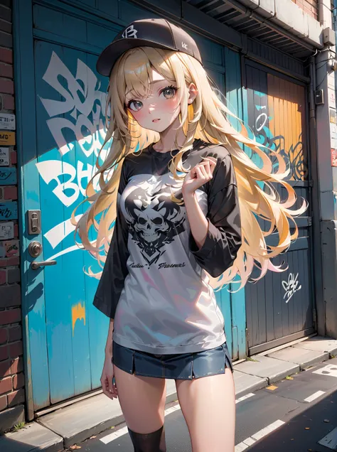 beauty woman, standing posed, in front of garage door, graffiti on door,  holding bag, BREAK, (+forehead, long hair, wavy hair, dark-brown hair, blonde streaked hair, blonde hilighted hair, blonde ombre, 2 colored tone hair, gray hat or cap), BREAK, ( (gra...