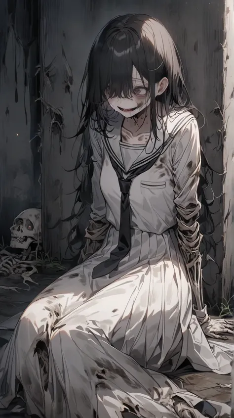 ((True best masterpiece, Ultimately perfect quality, Extremely delicate details, True anatomy)), ((Grotesque, Horror)), ((A dead girl, Decaying, Rotten, Weathered)), With skinny body and small breasts, Black hair and gloomy eyes, Terribly injured body, Rot...