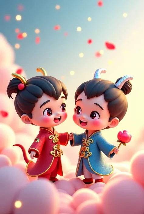 3D render of Nezha and Ao Bing, chibi style, best friends holding hands and smiling, Nezha wearing red lotus armor with golden rings, Ao Bing in blue dragon-scale robe with silver horns, soft pastel colors, cartoonish round faces with big sparkling eyes, p...