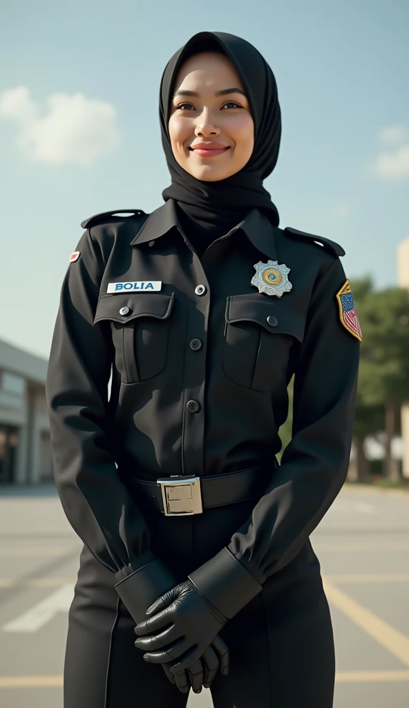 Photorealism Malaysian policewoman with tall height wearing black tight hijab headscarf. She is wearing button up black police officer uniform long sleeves has a collar and police logo badge on shirt. Wearing tight black uniform pants has black belt around...