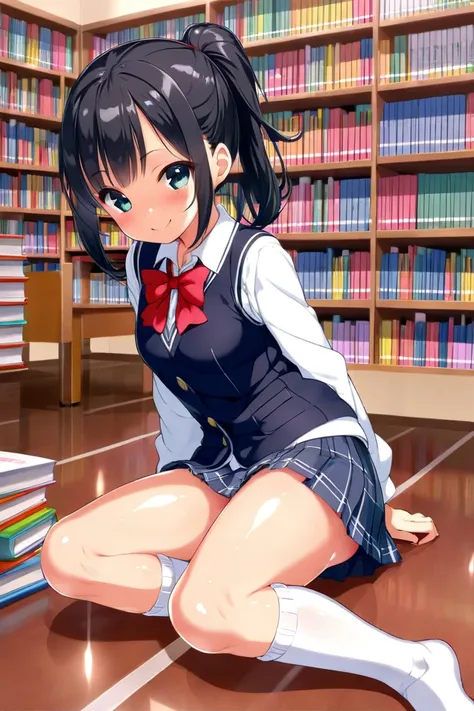 cute, girl, , 6th elementary school student, black hair, Bob-Half up-short ponytail, (Short), ((School uniform)), (Miniskirt), vest, white knee-high socks, medium bust, (((shiny skin))), blush, smile, (((Loli))), see-nipples, school library