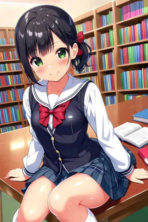 cute, girl, , 6th elementary school student, black hair, Bob-Half up-short ponytail, (Short), ((School uniform)), (Miniskirt), vest, white knee-high socks, medium bust, (((shiny skin))), blush, smile, (((Loli))), see-nipples, school library