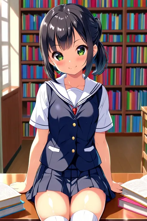 cute, girl, , 6th elementary school student, black hair, Bob-Half up-short ponytail, (Short), ((School uniform)), (Miniskirt), vest, white knee-high socks, medium bust, (((shiny skin))), blush, smile, (((Loli))), see-nipples, school library