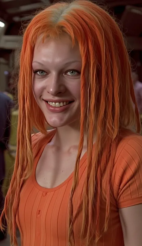 Very skinny character "The Fifth Element" Leeloo, , masterpiece, beautiful Leeloo smiling, full length, in her tight t-shirt, no bra, no panties, full length, beautiful perfection, beautiful perfect skinny body, NSFW 