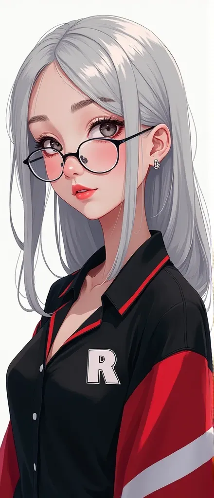 White-skinned anime girl wearing neat but long lenses and black shirt with red stripes and a sexy white roblox logo on the right side