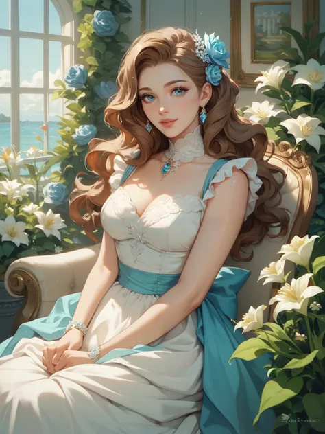 The brown-haired woman with long wavy hair and blue eyes like aquamarine. The background is a flower garden and she is sitting in a chair with her sitting gracefully like an aristocrat. She is wearing a long light blue and white dress with ornate lilies.