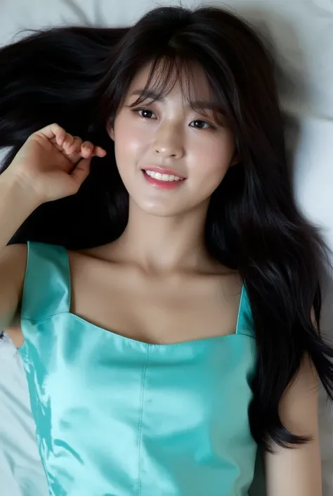 Seolhyun, absurdly long black hair, bangs, aqua blue silk dress, laying on bed, smile, Masterpiece, High Resolution, Accurate, High Details, Textured Skin, photography, Realistic. POV, Anatomically Correct, Award Winning, Super Detailed, Full body View.Cha...