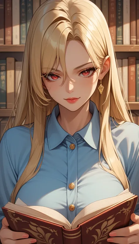 Score_9, Score_8_up, Score_7_up, Score_6_up, Score_5_up, Score_4_up, Source_anime, Tag1, Tag2, seductive face,Reading a textbook, beautiful girl  , red eyes, Blonde hair, very long hair, 