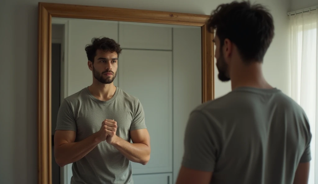 A determined young man standing up, looking at himself in the mirror with confidence.
