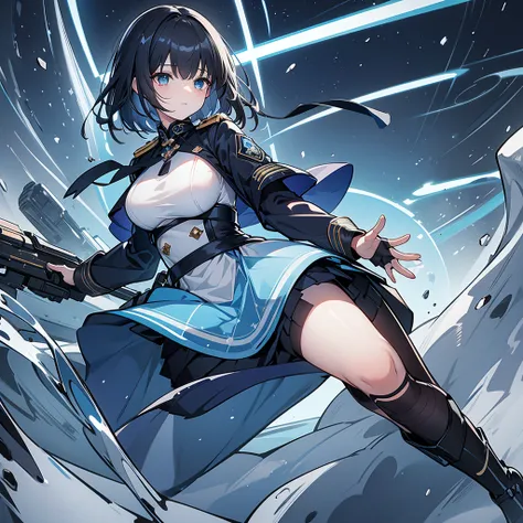 ( highest resolution,  clear_ images),  top quality,  masterpiece,  High Precision,  semi-realistic,   shoulder-length dark-haired woman, black pupils,  matured,  matured woman, Royal sister,  sexy,  short hair, Triple Bang, Light blue uniform, Light blue ...