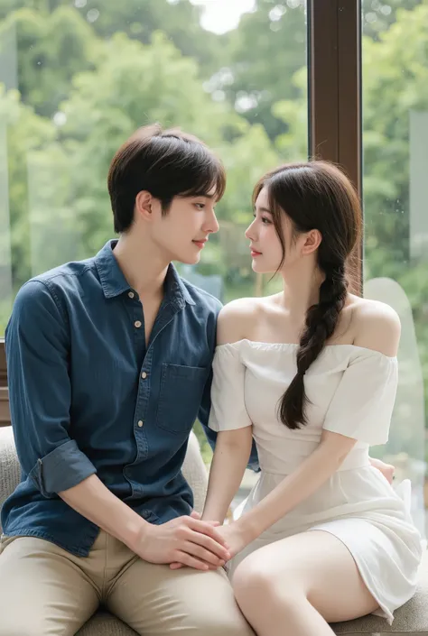 A young man and woman sit close to a large window with a beautiful green garden view. The man wears a blue rolled-up sleeve shirt and beige pants, while the woman wears a white off-shoulder dress with her long hair braided. They gaze into each other's eyes...