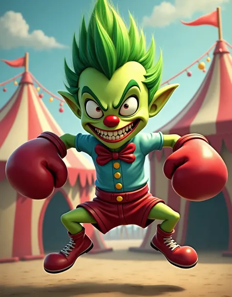 semi-cartoon style, masterpiece, best quality, hires, solo, solo focus, 1man, alien, cartoon, wacky, clown costume, red nose, large piercing eyes, comical, fun, evil clown, green-skinned male, green eyes, yellow teeth, large boxing gloves, circus tent back...