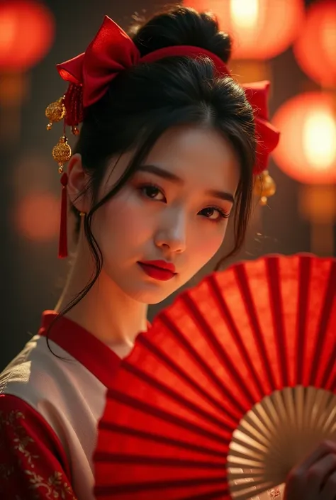 Create a photo of a woman wearing a red bow, Chinese New Year's Eve, her right hand holding a red fan, her left hand holding an Ang Pao.