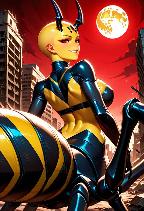 highly detailed, realistic, fine fabric detail, absurdres, highly-detailed, best quality, masterpiece, very aesthetic, 1 girl, solo, mech spider girl, machine, monster girl, arthropod girl, shoulder-less black mech suit, yellow skin, yellow body, long blac...