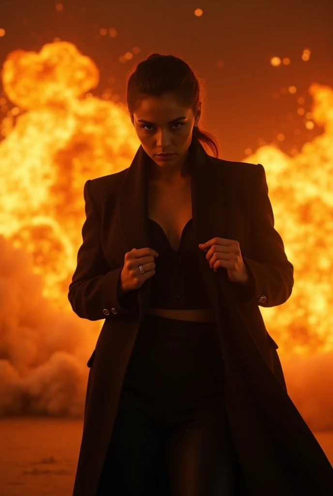 A prompt where by a woman is putting on a black outfit and their is a large fire behind her that looks like an explosion and, the fire is reflecting into her pupils 