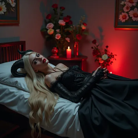 pale white skin young vampire woman aged 18, with very very long blonde royal hair, red demon eyes, a long demon tail, long ears, sheep horns, wearing black vampire steel heavy armour, laying down on the bed in a hospital room with flowers herbs, and red c...