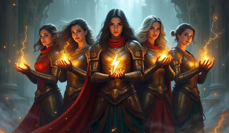 a group of women dressed in armor and holding glowing lights in their hands, with a lightning bolt in the middle of their hands, Cedric Seaut (Keos Masons), fantasy art, epic fantasy character art, concept art