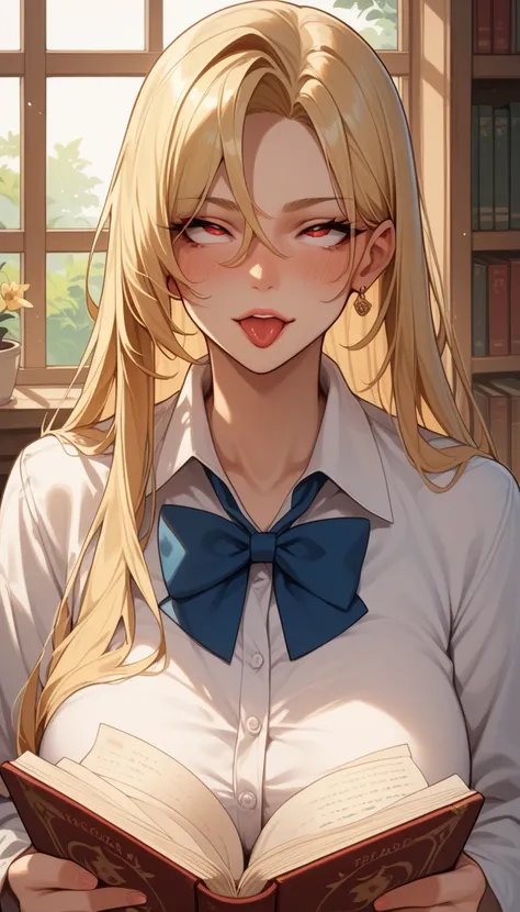 Score_9, Score_8_up, Score_7_up, Score_6_up, Score_5_up, Score_4_up, Source_anime, Tag1, Tag2, seductive face,Reading a textbook, beautiful girl  , red eyes, Blonde hair, very long hair, rolling eyes, blushing, steamy, tongue out, 