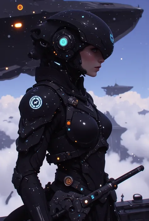 samurai、warrior、A cybernetic female cosmic samurai stands poised on the observation deck of a colossal interstellar battleship, her obsidian space-helm visor reflecting nebula patterns while maintaining her composed warrior’s gaze. Her right arm transforms...