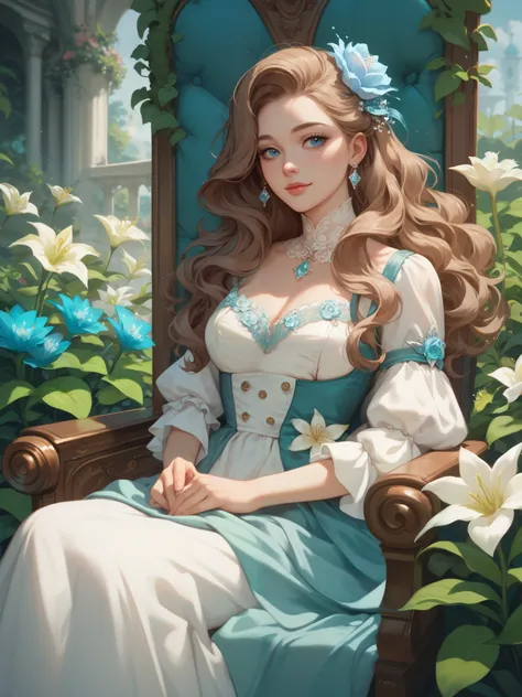 The brown-haired woman with long wavy hair and blue eyes like aquamarine. The background is a flower garden and she is sitting in a chair with her sitting gracefully like an aristocrat. She is wearing a long light blue and white dress with ornate lilies.