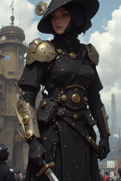 universesamurai、On the bustling deck of a massive flying mechanical ship, a female ninja stands silently, her black Japanese straw hat tilted to obscure her sharp gaze. Her right arm is an elegant steampunk mechanical design, featuring brass pipes, exposed...