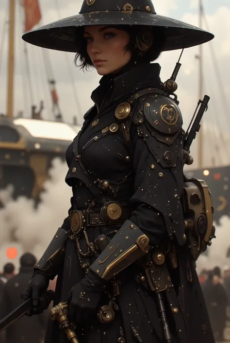 universesamurai、On the bustling deck of a massive flying mechanical ship, a female ninja stands silently, her black Japanese straw hat tilted to obscure her sharp gaze. Her right arm is an elegant steampunk mechanical design, featuring brass pipes, exposed...