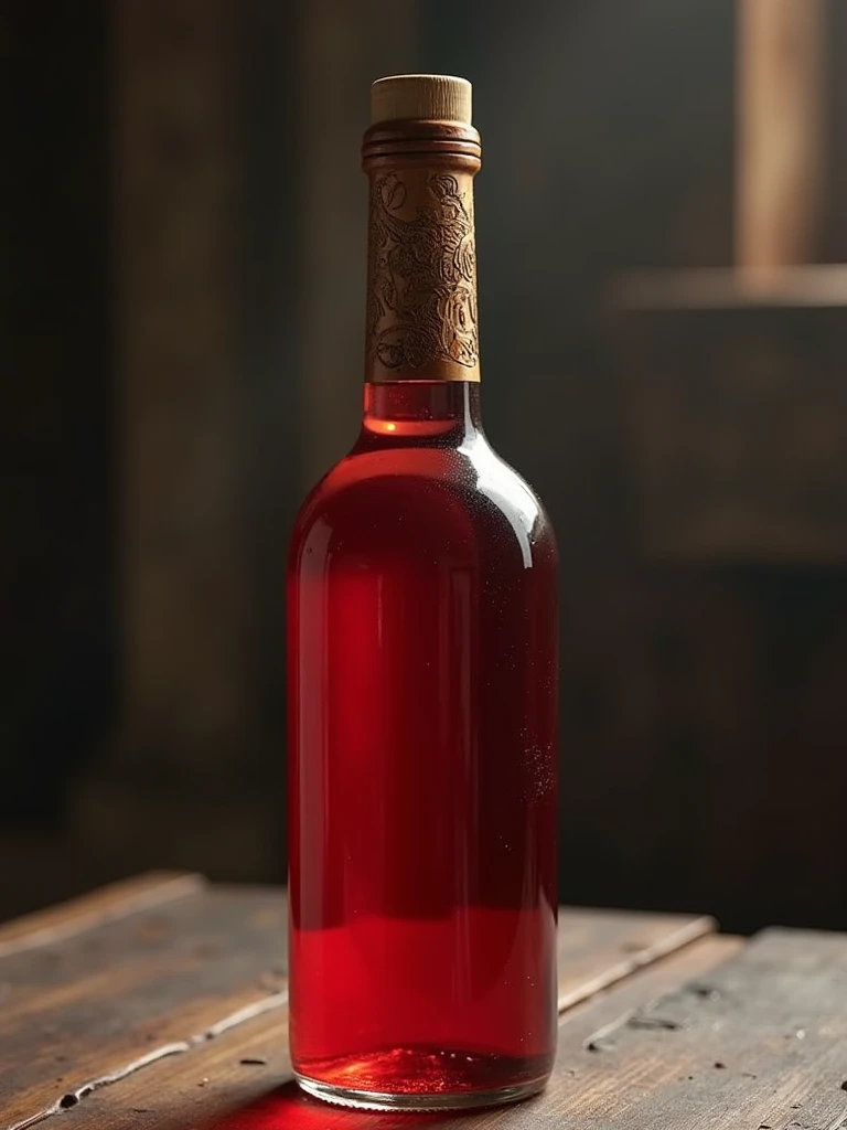 Thin cylindrical bottle without long neck with a red liquid in medieval style