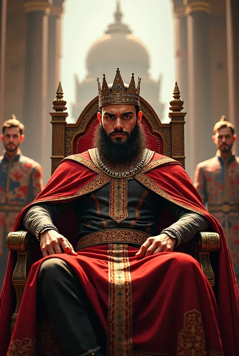 A very clear ultra HD dynamic image of "King Virat sitting in his royal court with a serious expression. In the background, an ancient palace and a grand throne are visible."


