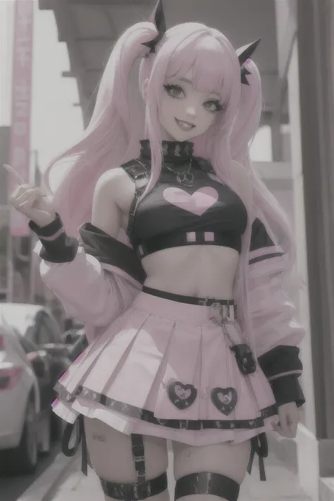 ((Masterpiece, best quality,edgQuality)),
smiling,excited,
edgPastelGoth, a woman with long hair wearing a pink skirt and a black top ,wearing edgPastelGoth
