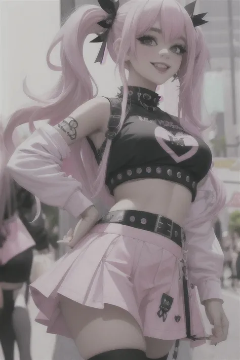 ((Masterpiece, best quality,edgQuality)),
smiling,excited,
edgPastelGoth, a woman with long hair wearing a pink skirt and a black top ,wearing edgPastelGoth
