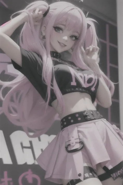 ((Masterpiece, best quality,edgQuality)),
smiling,excited,
edgPastelGoth, a woman with long hair wearing a pink skirt and a black top ,wearing edgPastelGoth
