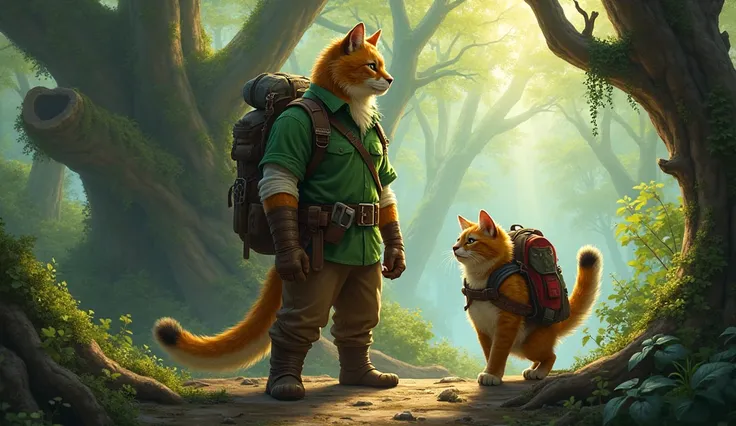 "In a mystical forest filled with towering trees, a strong, heroic feline warrior clad in a green shirt and brown trousers stands protectively in front of a smaller feline companion. The young cat, wearing a backpack and adventure gear, looks up with deter...