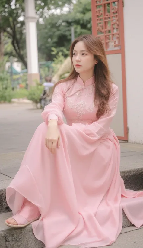 a woman in a pink dress is sitting on a step, ao dai, soft silk dress, pink dress, in style of lam manh, wearing a pink dress, light pink tonalities, long dress, dressed in a pink dress, in long pink or violet dresses, pink zen style, vietnamese woman, mai...