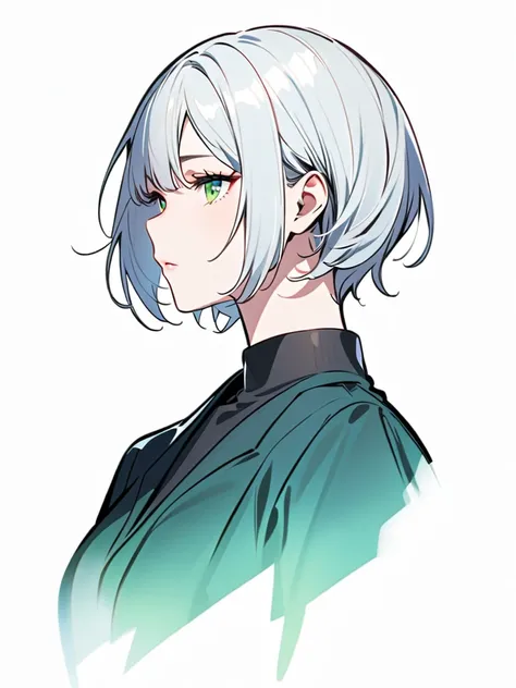 A woman with short hair to the nape of the neck, white hair, light green eyes, wearing a black suit, looks modest.