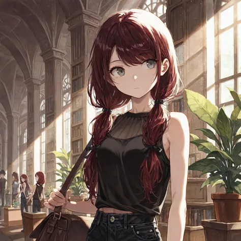  (Masterpiece, best quality), intricate details, JK, girl, looking to the side, head tilt, dark red hair, low twin tails, hair ribbons, stoic, gray eyes, black sheer sleeveless tank top, black jeans, small breasts, toned arms, ((long swept bangs)), illustr...