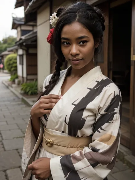 African ebony geisha, very dark black skin, dreadlocks chignon, Happy, kurotomesode kimono, close-up portrait, japan street 