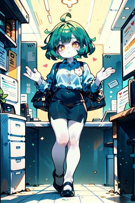 1人の女の子（とても幼い）、full body、,green hair,bob cut,flipped hair,bangs,amber eyes, symbol-shaped pupils,office lady, color drain,heart ahoge, Pale skin